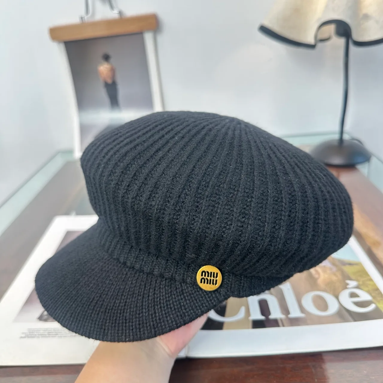 Miu Miu Ribbed Newsboy Cap in Black · view 5