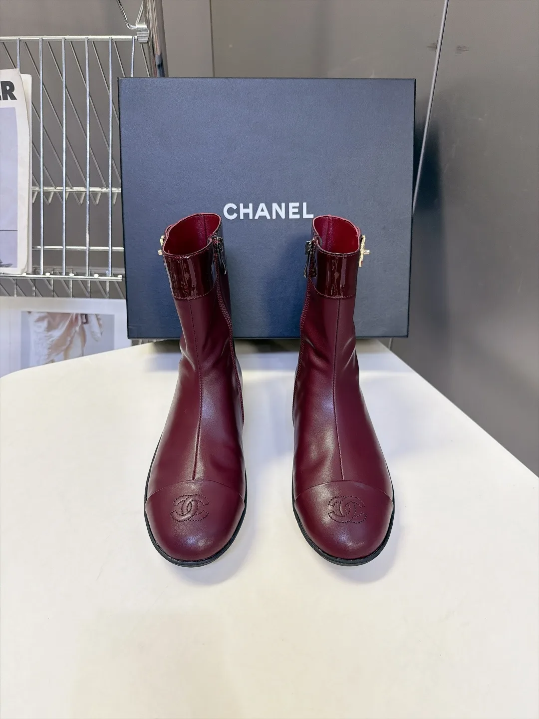 Chanel Calfskin Glossy Ankle Boots in Burgundy · view 1