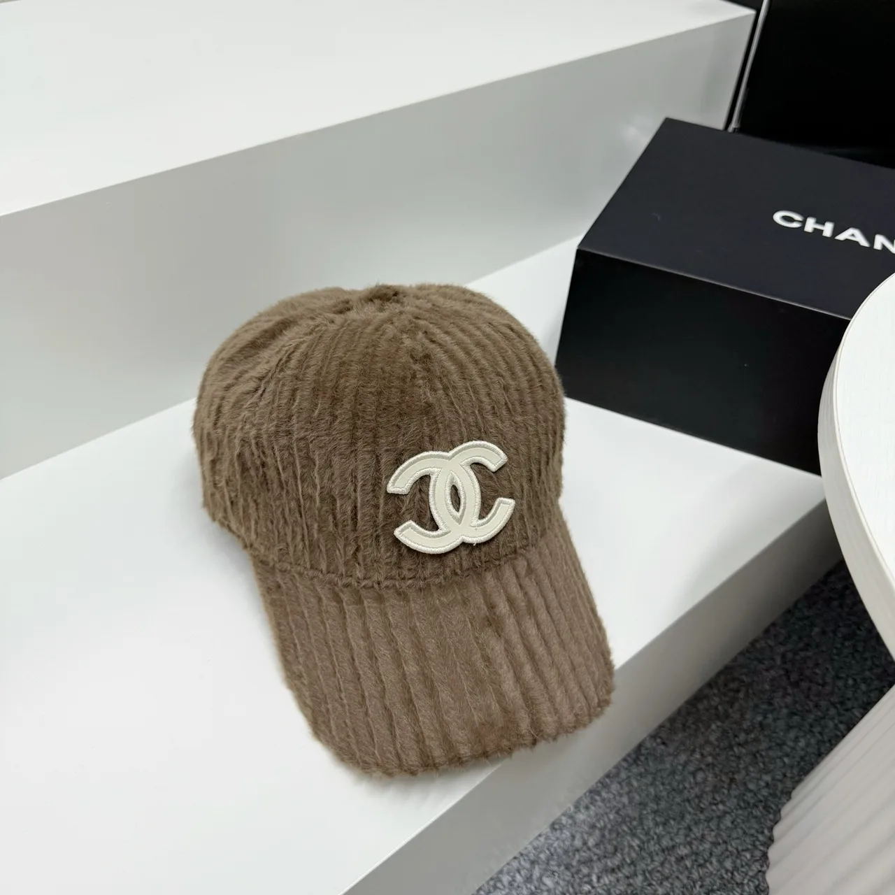 Chanel Fuzzy Baseball Cap in White & Beige & Brown & Black · view 4