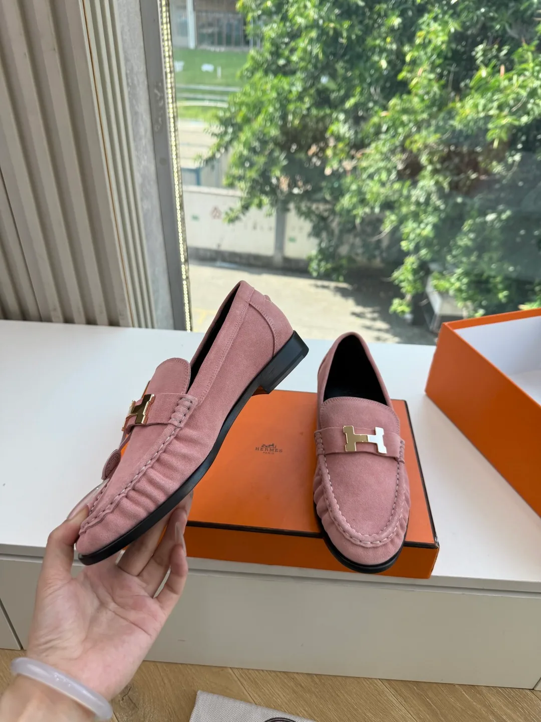 Hermes Calfskin Glossy Suede-Look Loafers in Pink · view 5