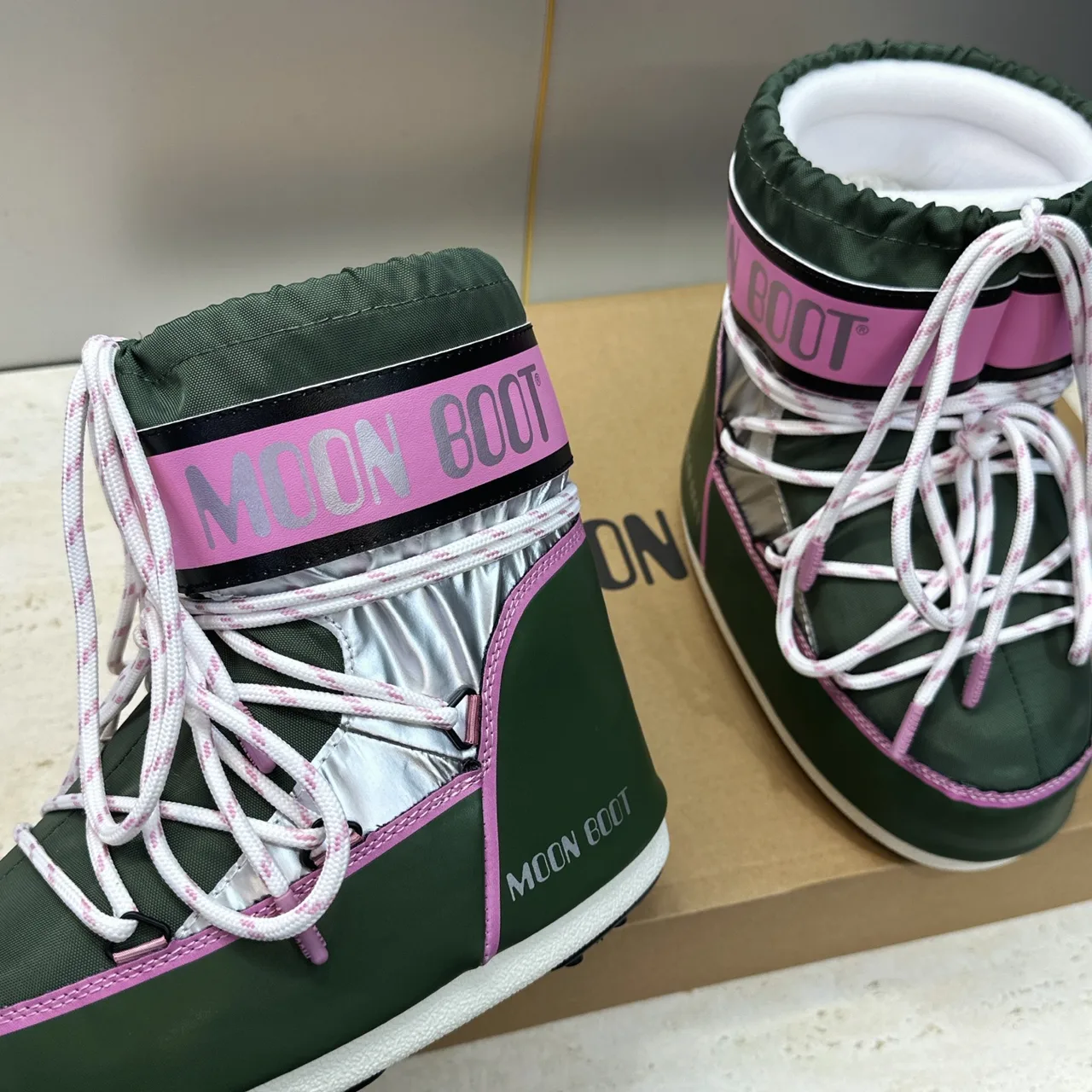 Moon Boot Quilted Striped Lace-Up Snow Boots in Green · view 6