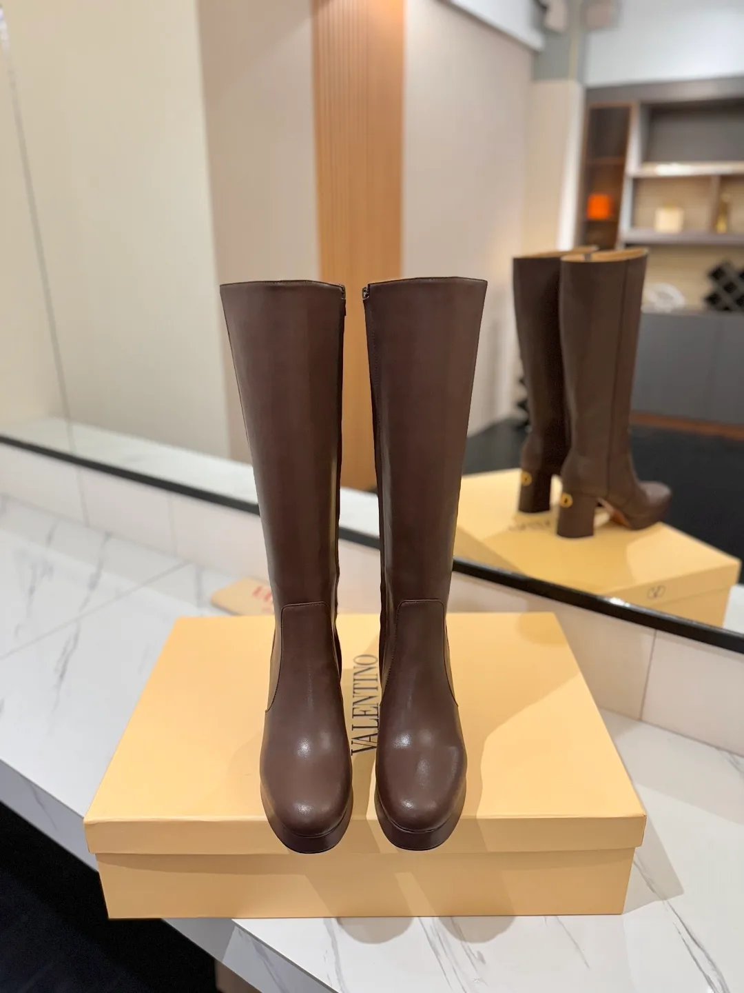 Valentino Cowhide Glossy Round-Toe Knee-High Boots in Brown · view 3