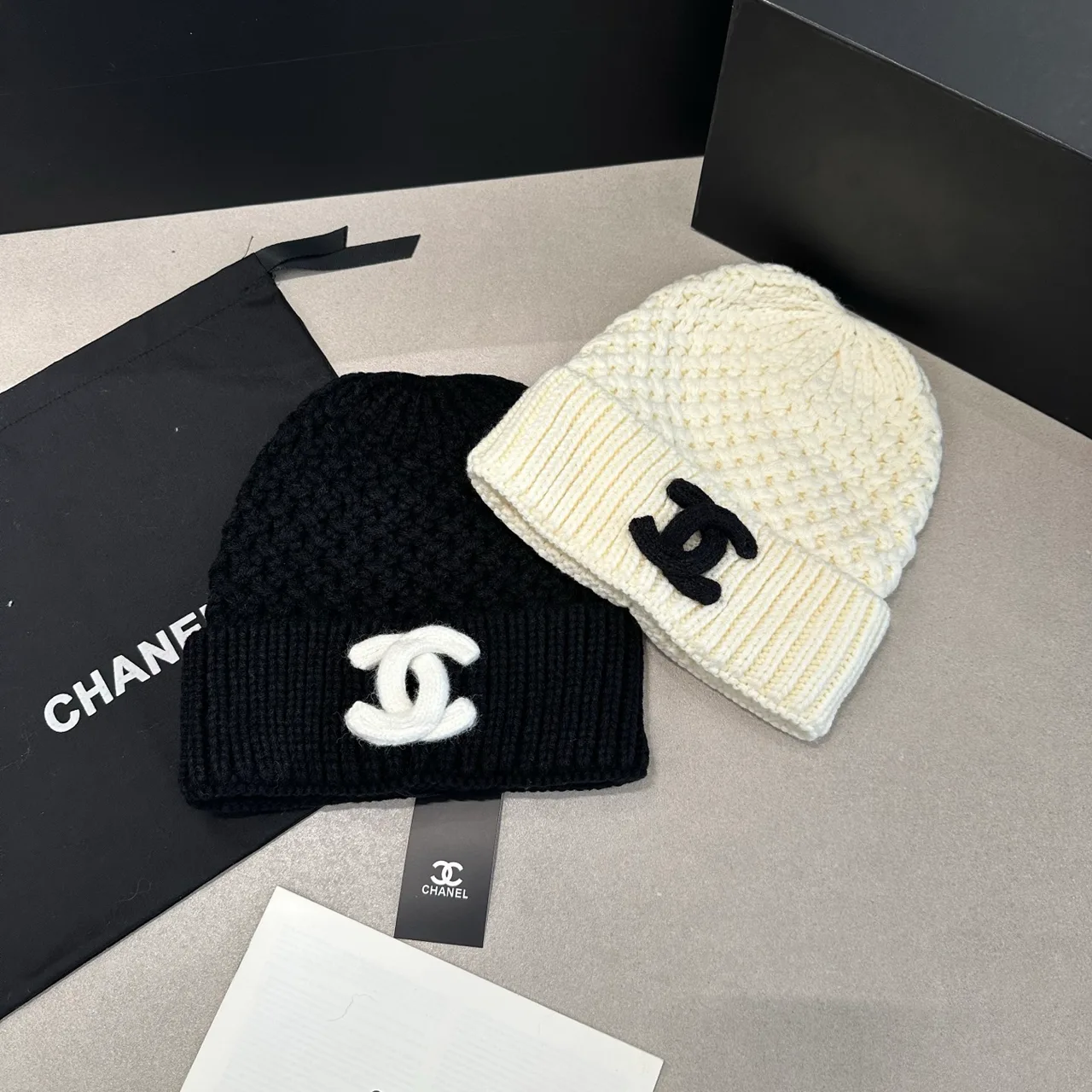 Chanel Knit Beanie in Cream & Black · view 6
