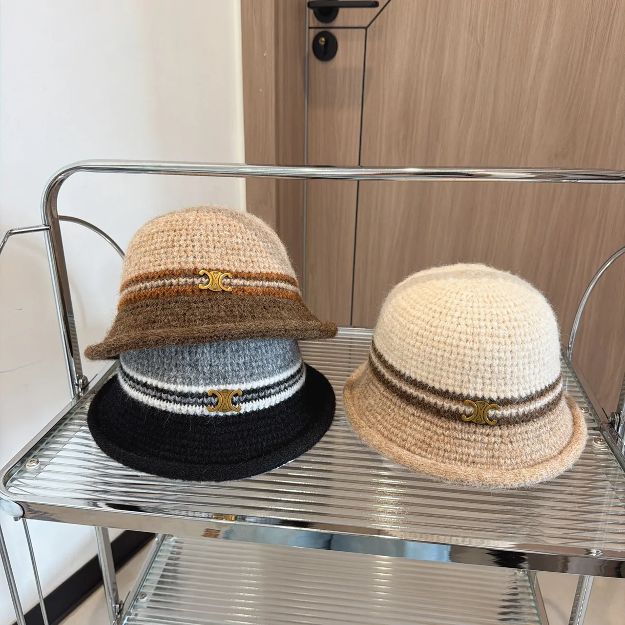 Celine Knit Bucket Hat in Grey & Tan & Cream · view 6