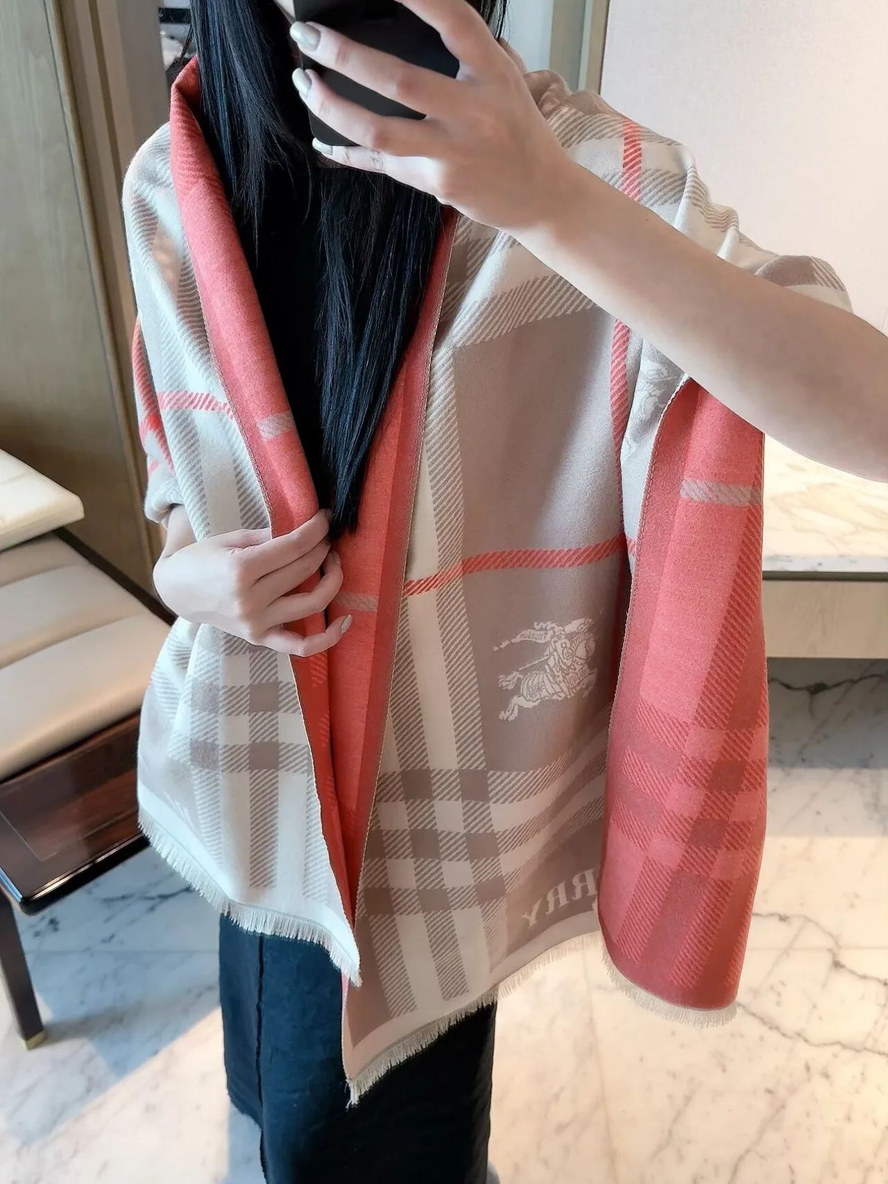 Burberry Check Equestrian Shawl in Beige & Red & Black · view 6