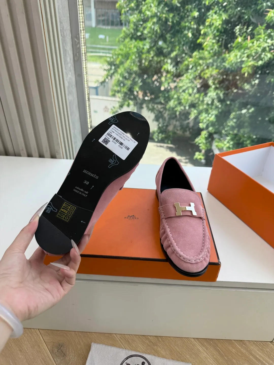 Hermes Calfskin Glossy Suede-Look Loafers in Pink · view 8