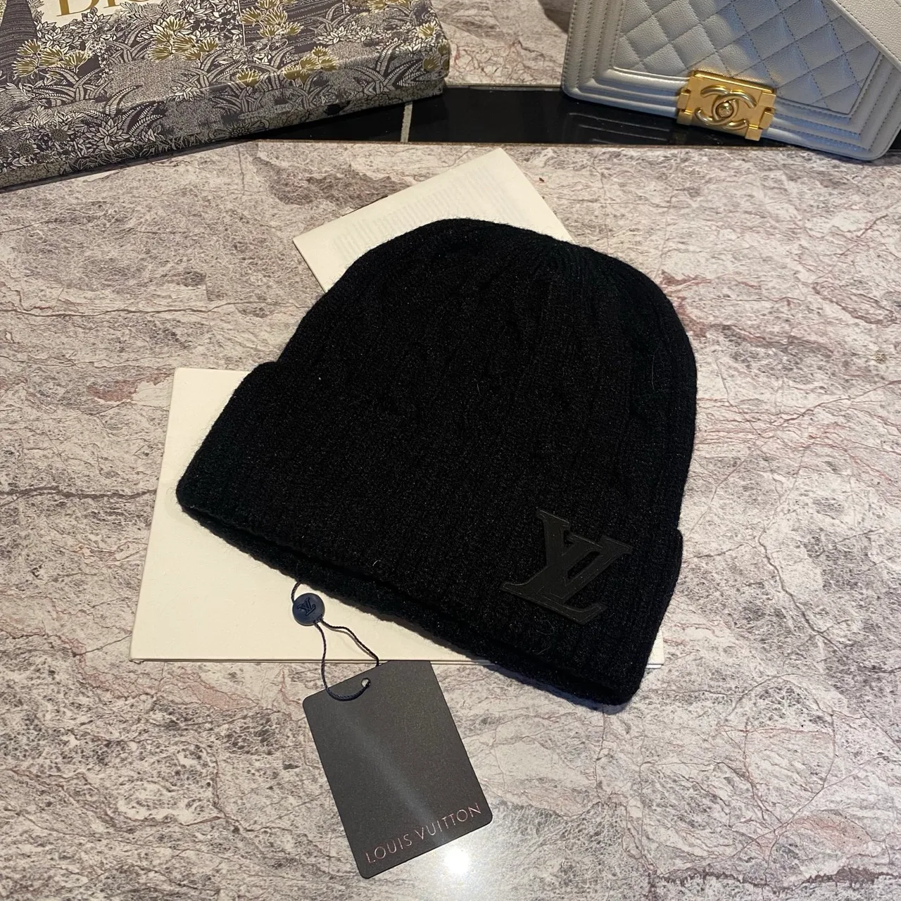 Louis Vuitton Cable-Knit Beanie in Black & White & Grey & Tan & Blue & Burgundy & Pink · view 1