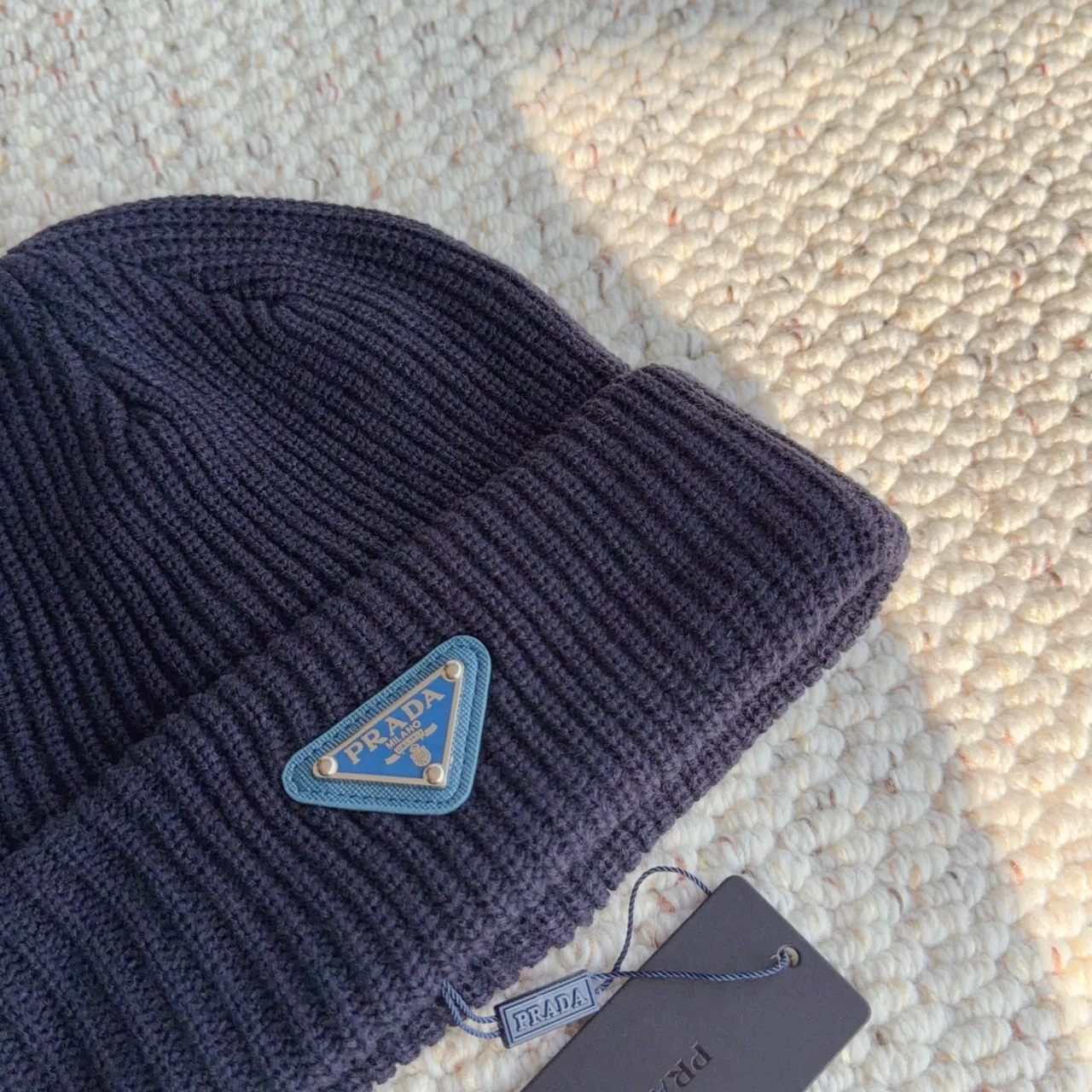 Prada Ribbed Beanie in Blue · view 8