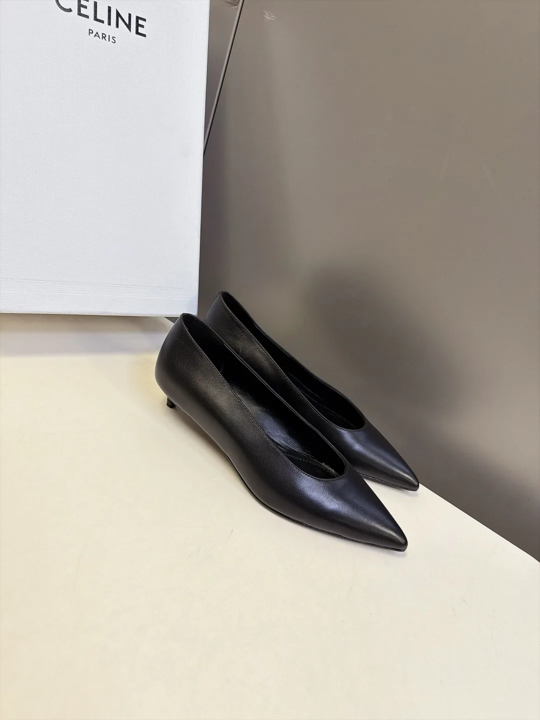 Celine Lambskin Glossy Pointed-Toe Kitten Heel Pumps in Black · view 2