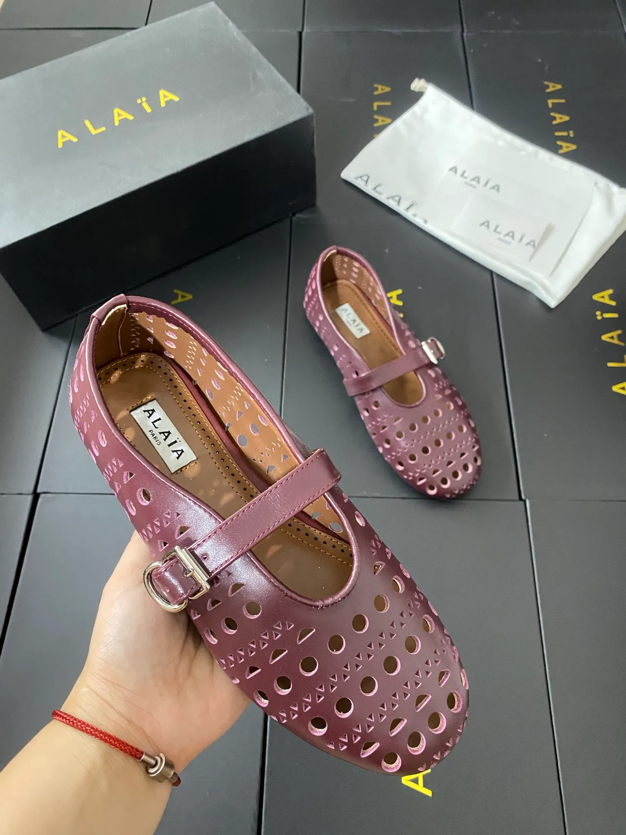 Alaia Cowhide Sheepskin Smooth Buckle Ballet Flats in Pink · view 8