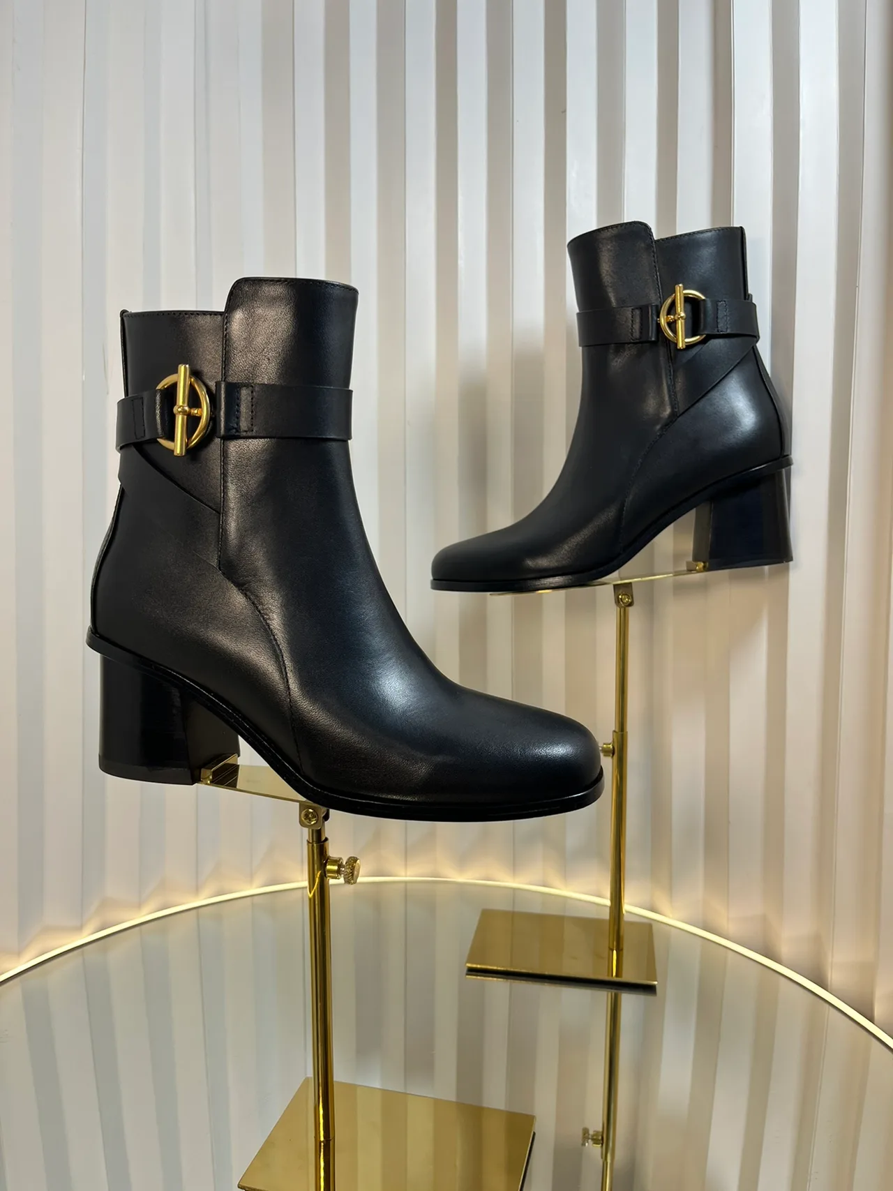 Calfskin Glossy D-Buckle Smooth Ankle Boots in Black · view 8