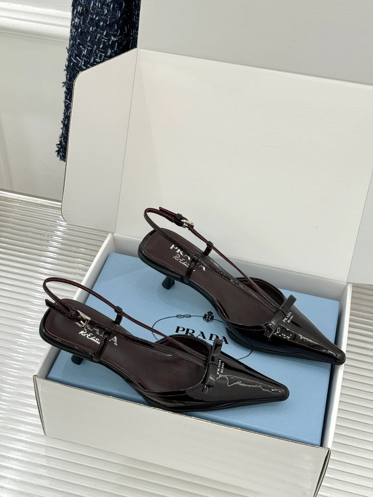 Prada Lambskin Pointed Slingback Pumps in Black · view 3