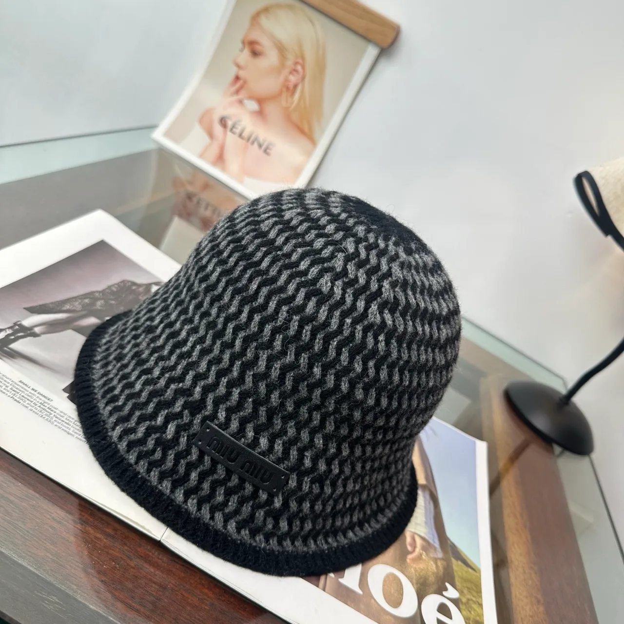 Miu Miu Chevron Knit Bucket Hat in Black · view 2