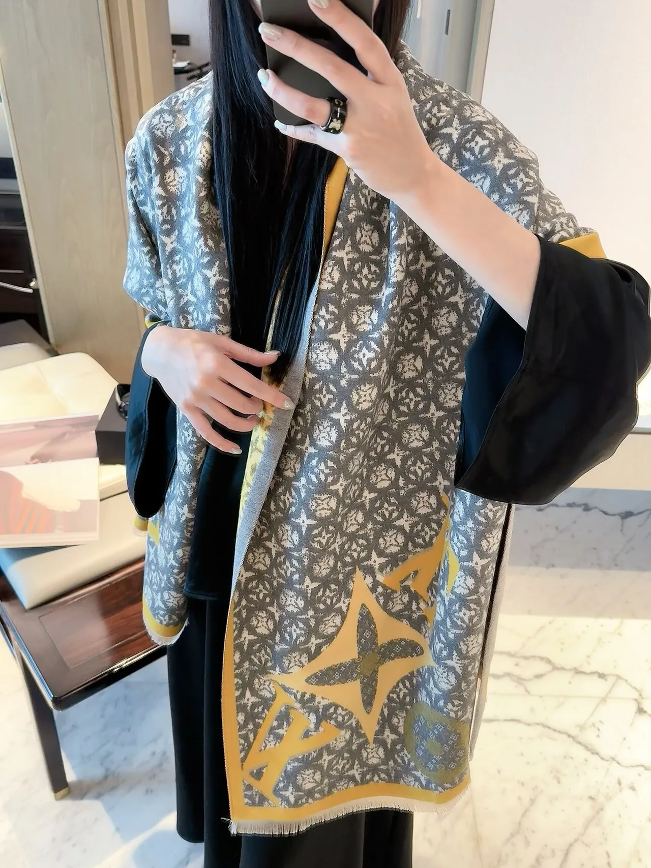 Louis Vuitton Monogram Jacquard Scarf in Grey & Brown · view 4
