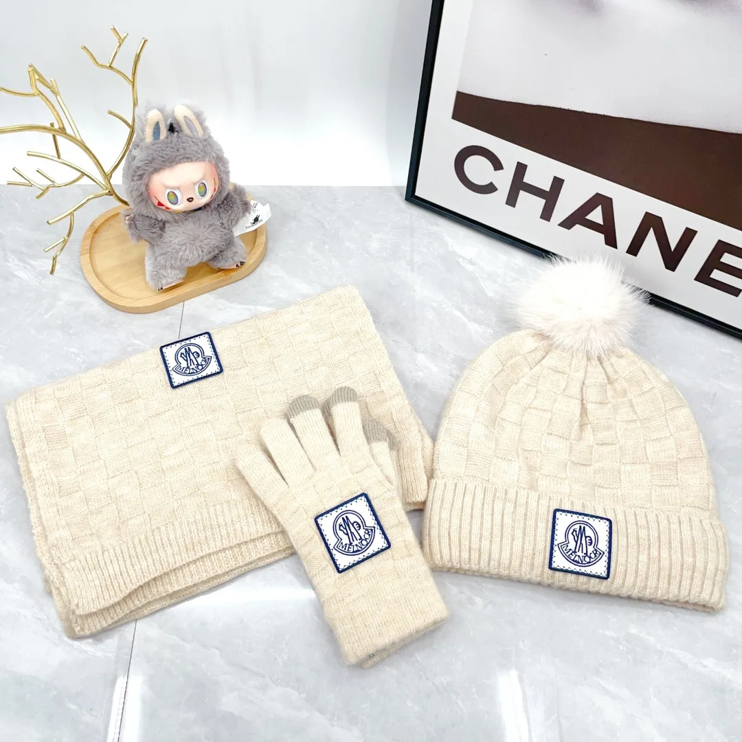 Moncler Wool Beanie, Scarf and Gloves Set in White · view 1
