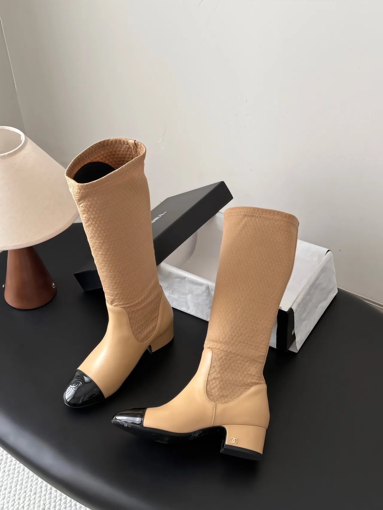 Chanel Cowhide Glossy Pointed-Toe Knee-High Boots in Beige · view 4