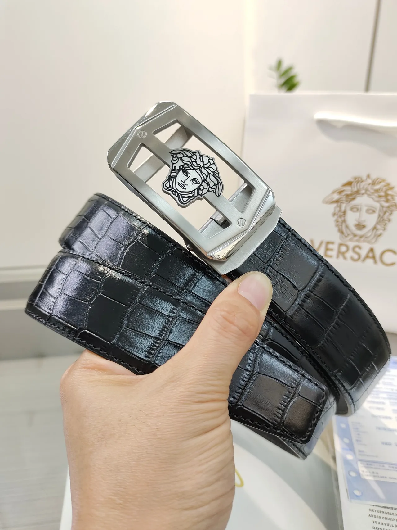 Versace Calfskin Glossy Belt in Black · view 3