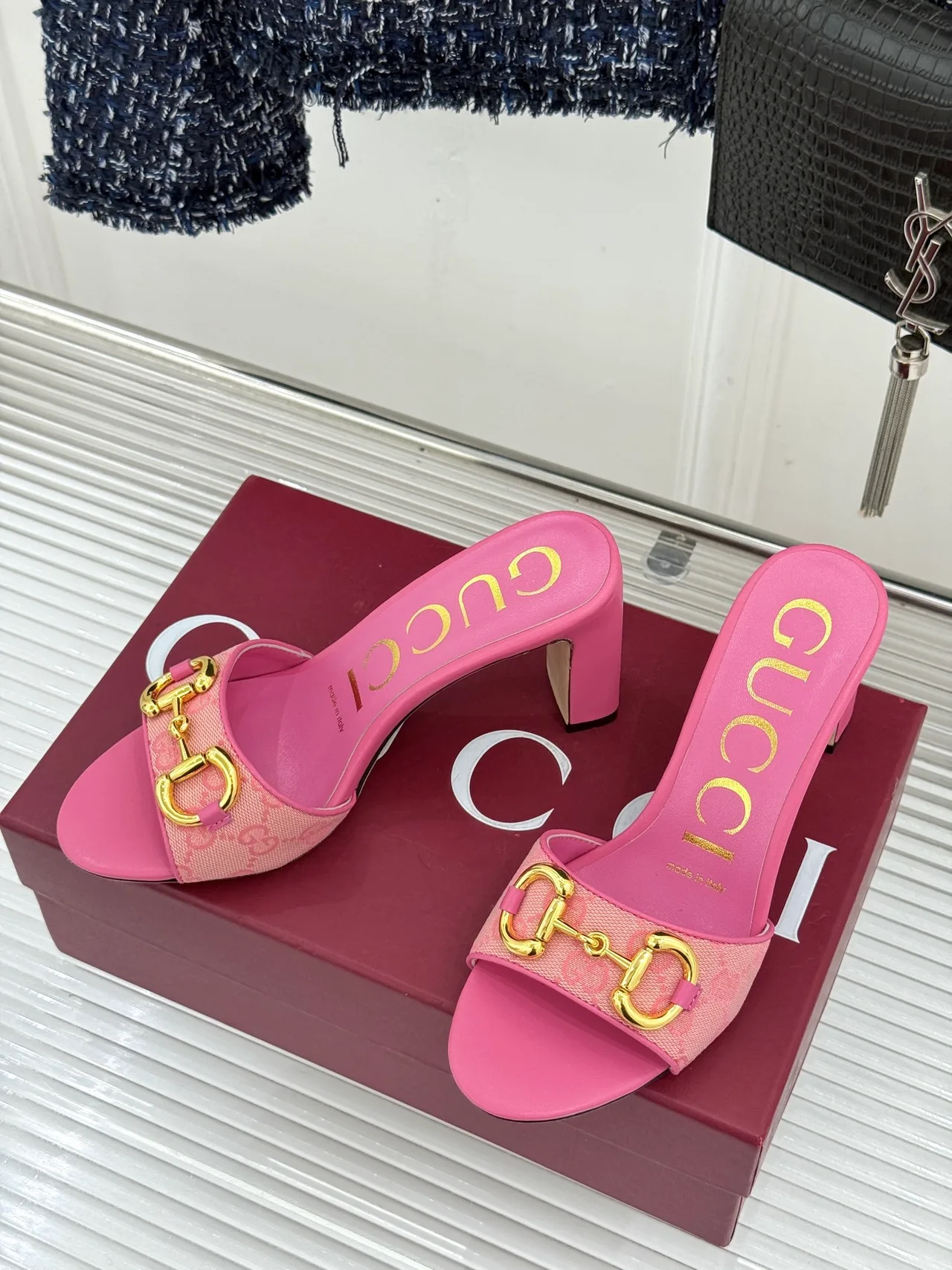 Gucci Canvas Denim Glossy Mules in Pink · view 2