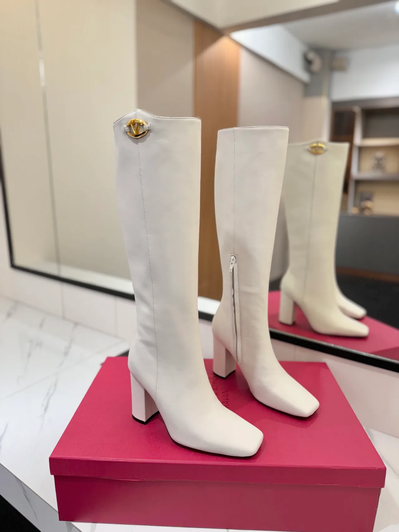 Valentino Cowhide Glossy Pointed-Toe Knee-High Boots in White · view 1