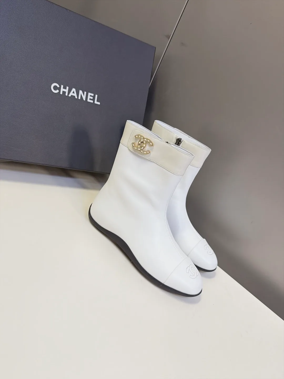 Chanel Calfskin Glossy Pointed-Toe Ankle Boots in White · view 2
