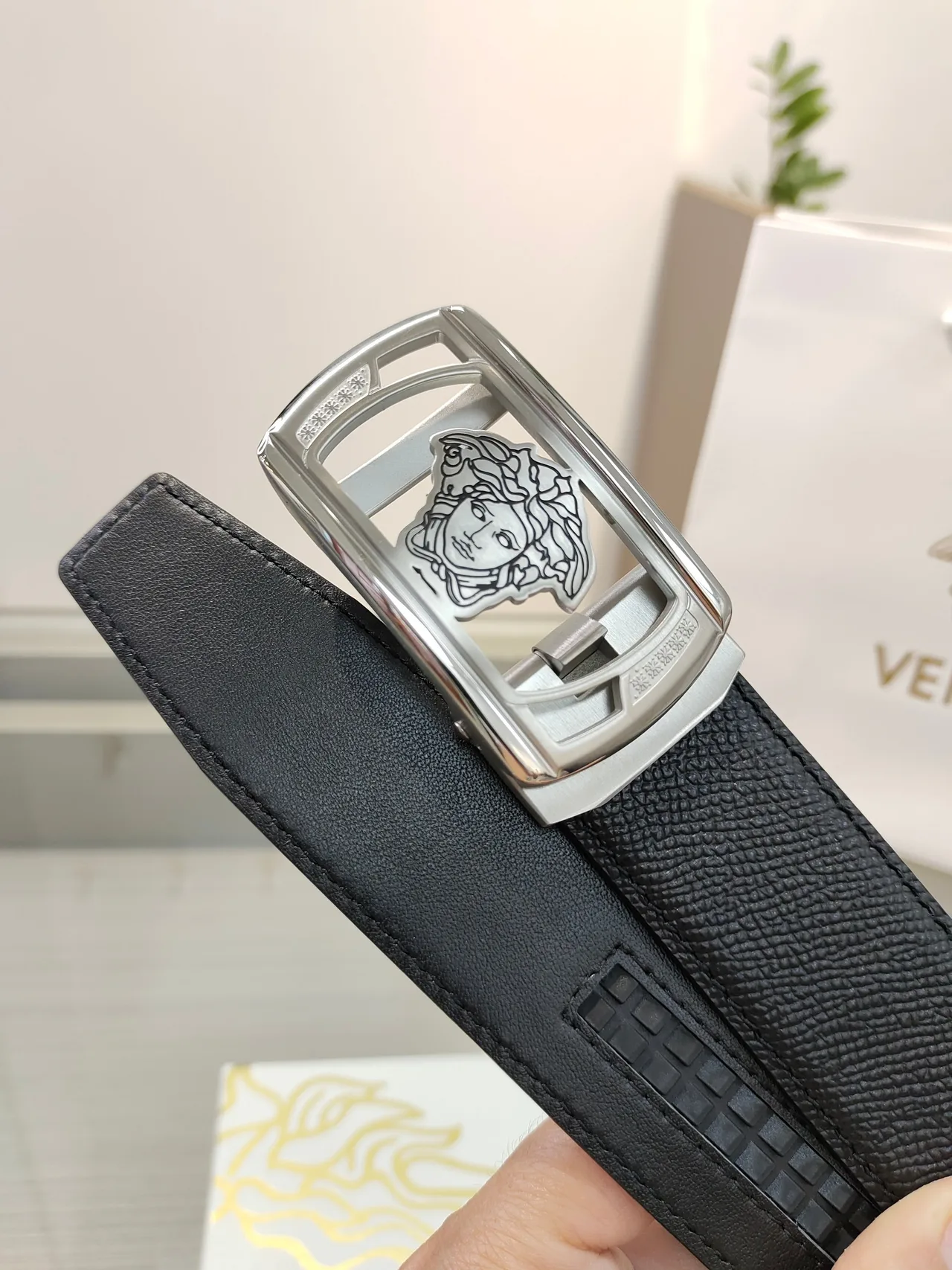 Versace Calfskin Glossy Belt in Black · view 6