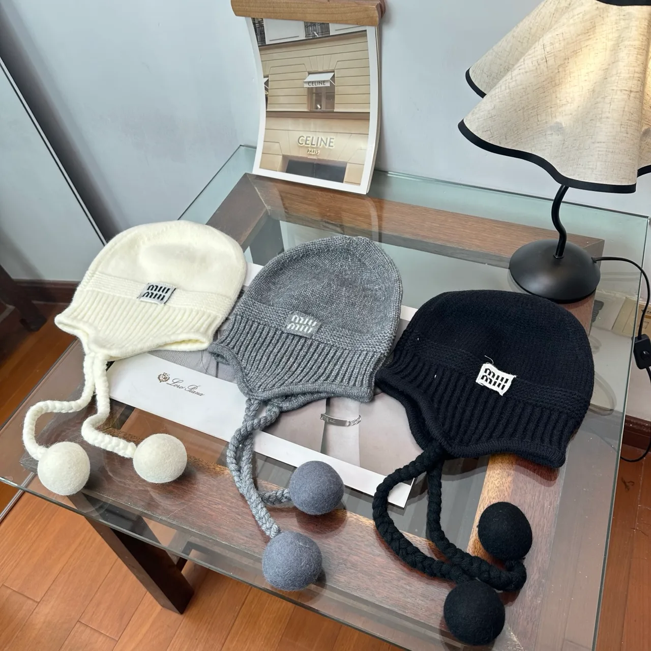 Miu Miu Earflap Beanie in Cream & Grey & Black · view 1