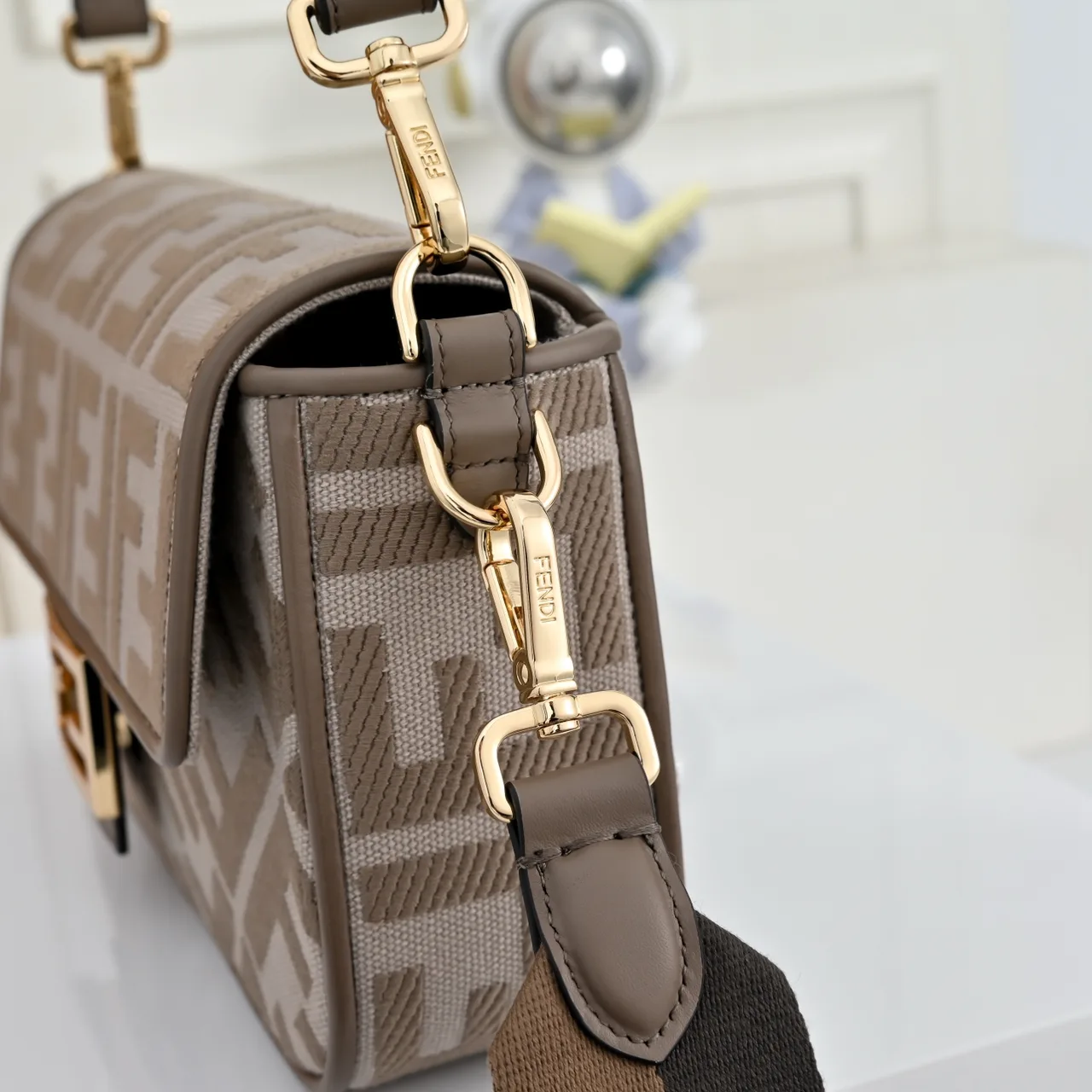 Fendi Baguette FF-Embroidered Canvas Shoulder Bag in Beige · view 4