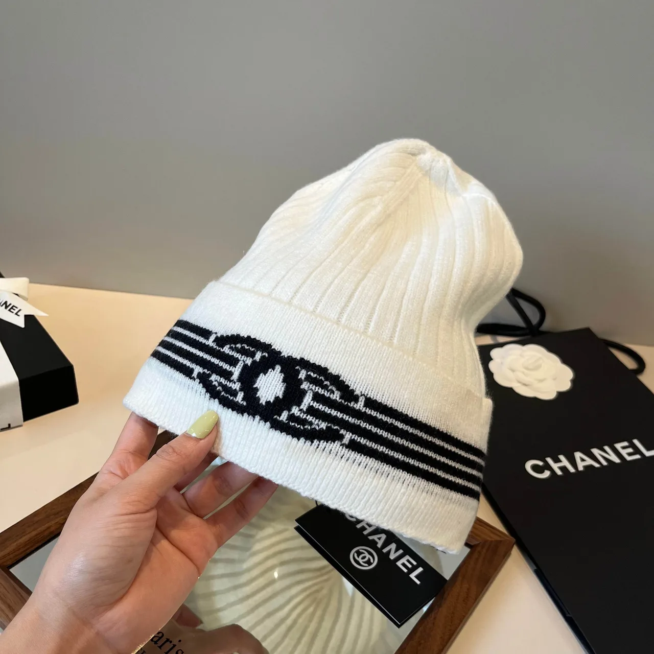 Chanel Ribbed Striped Beanie in White · view 7