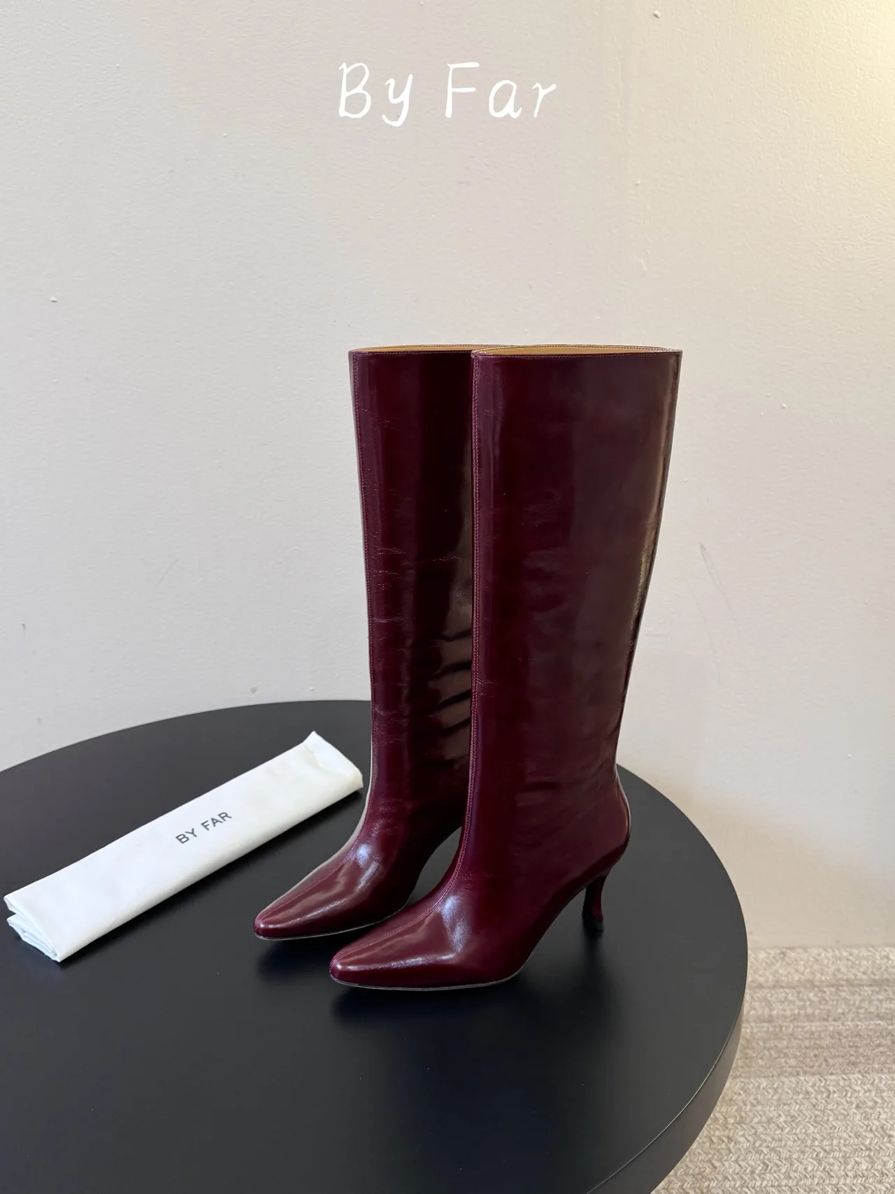By Far Glossy Pointed-Toe Knee-High Boots in Burgundy · view 5