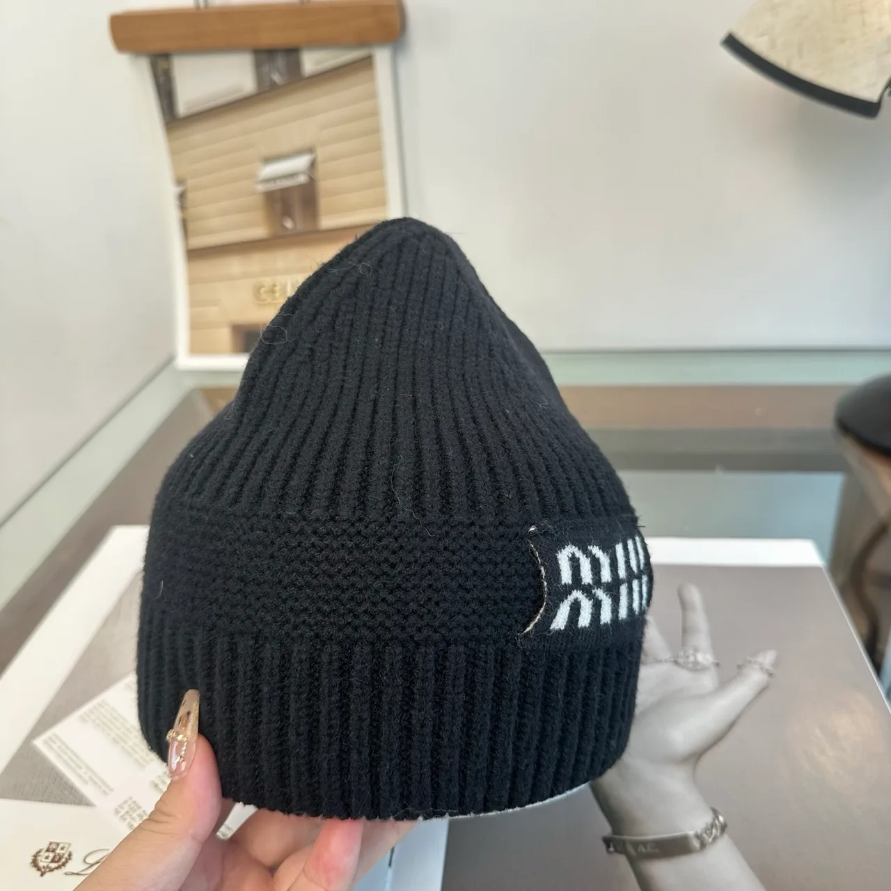 Miu Miu Logo knit beanie in Black & Grey & Burgundy & Tan & Cream · view 8