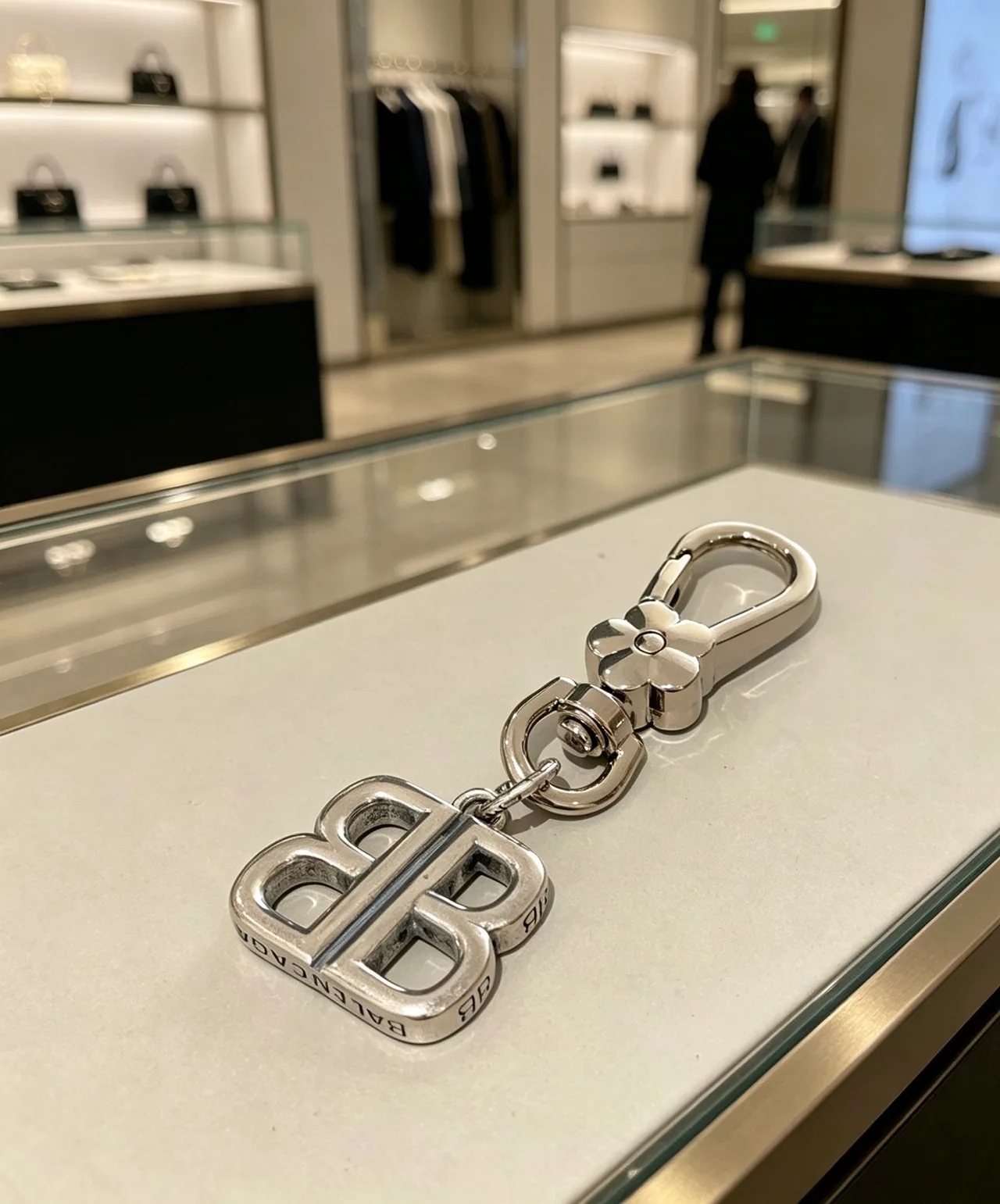 Balenciaga Glossy BB Chain Key Ring in Silver · view 1