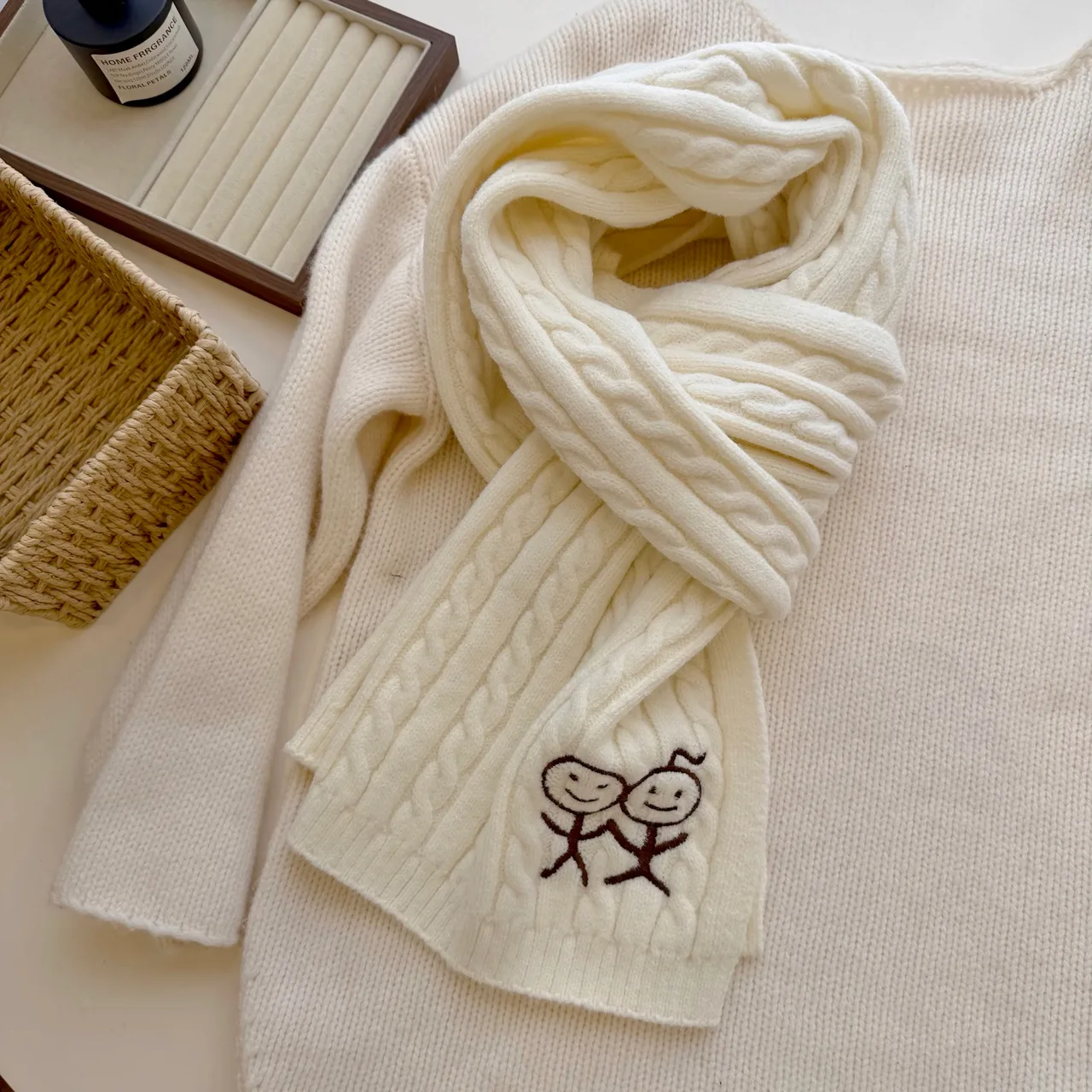 Embroidered Stick-Figure Cable-Knit Scarf in White · view 4