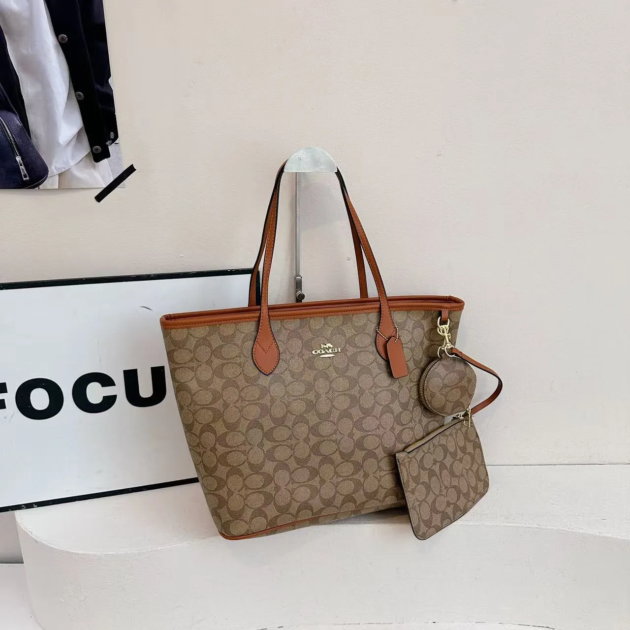 Coach Tote with Pouch in Black & Beige & Brown · view 5