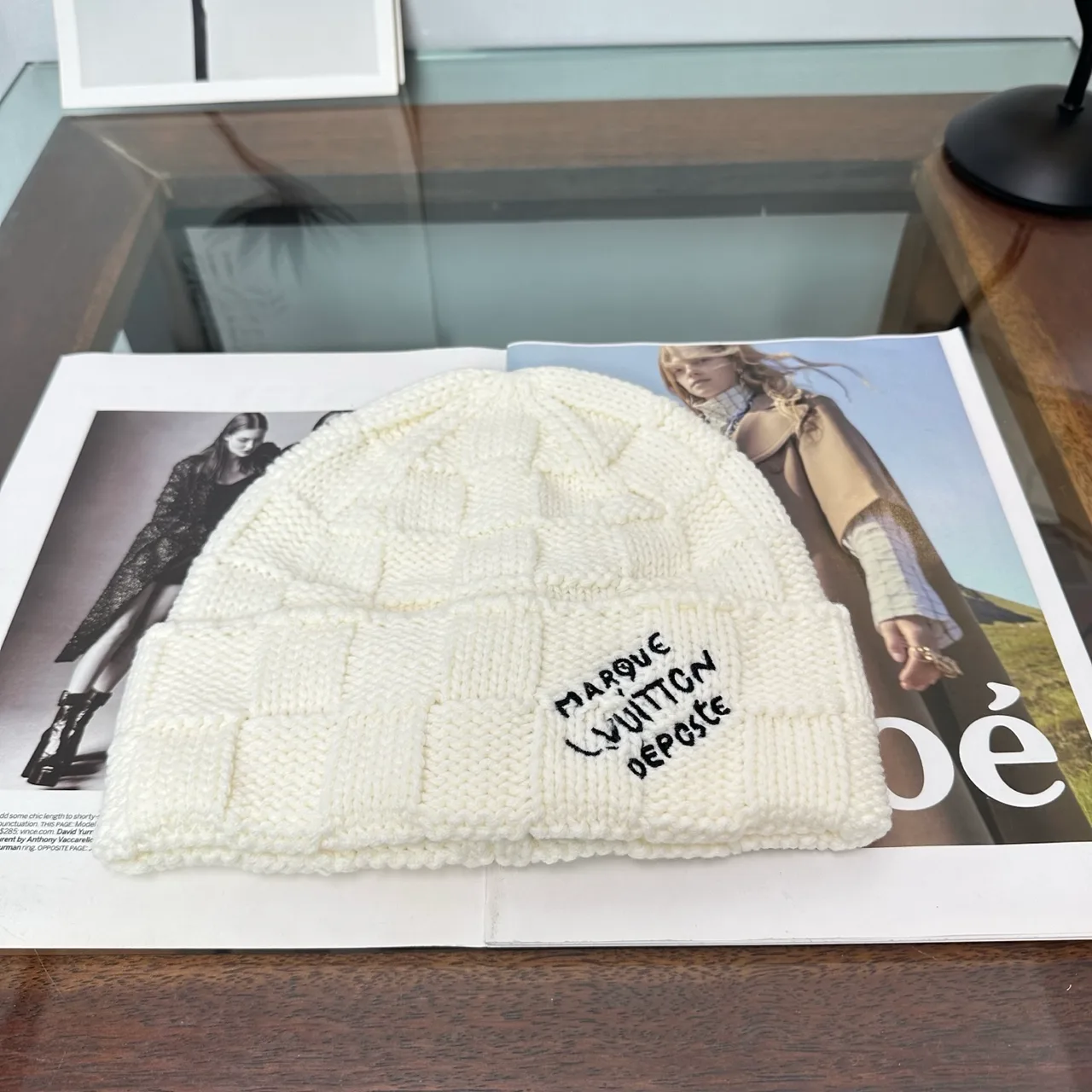 Louis Vuitton Cable-Knit Beanie in Cream & Black · view 1