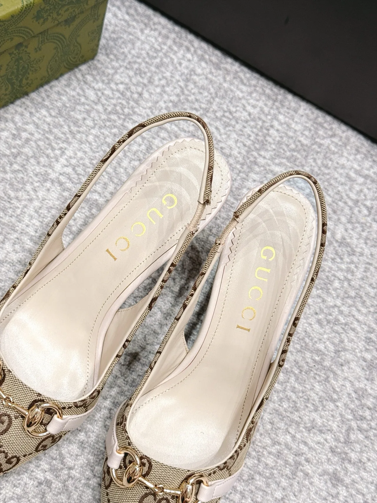 Gucci Glossy Pointed-Toe Monogram Slingback Pumps in Beige · view 7