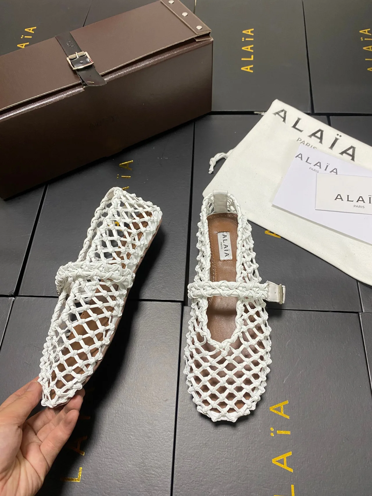 Alaia Cowhide Sheepskin Square-Toe Mesh Mary Jane Flats in White · view 6