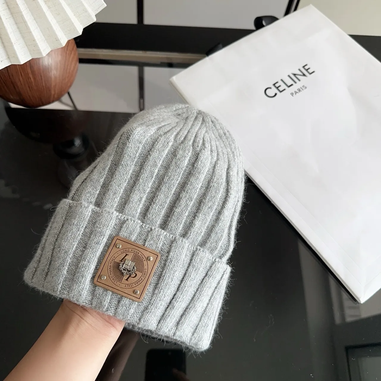 Celine Ribbed Beanie in Grey · view 3