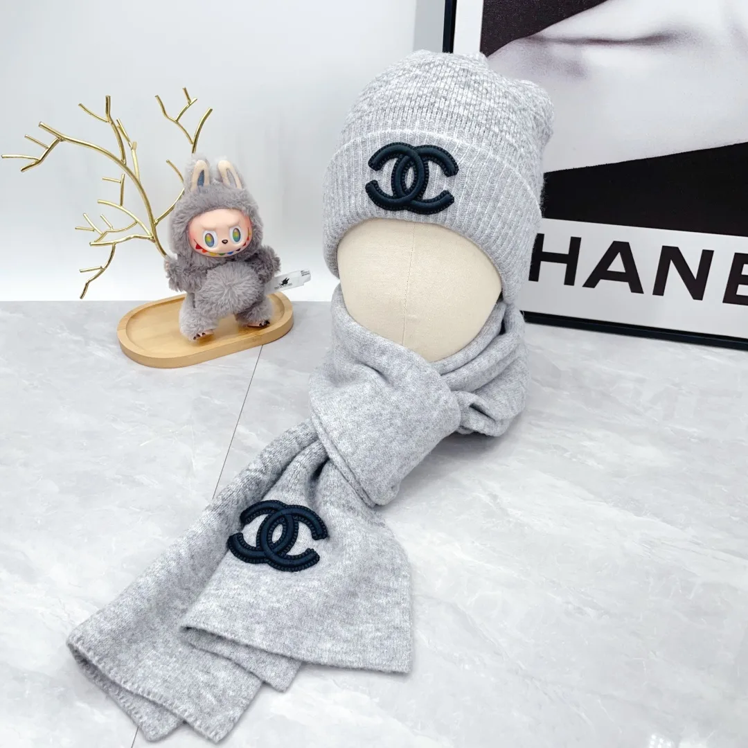 Chanel 50% Wool 50% Acrylic 3-Piece Set (Hat, Scarf & Gloves) in Grey · view 1