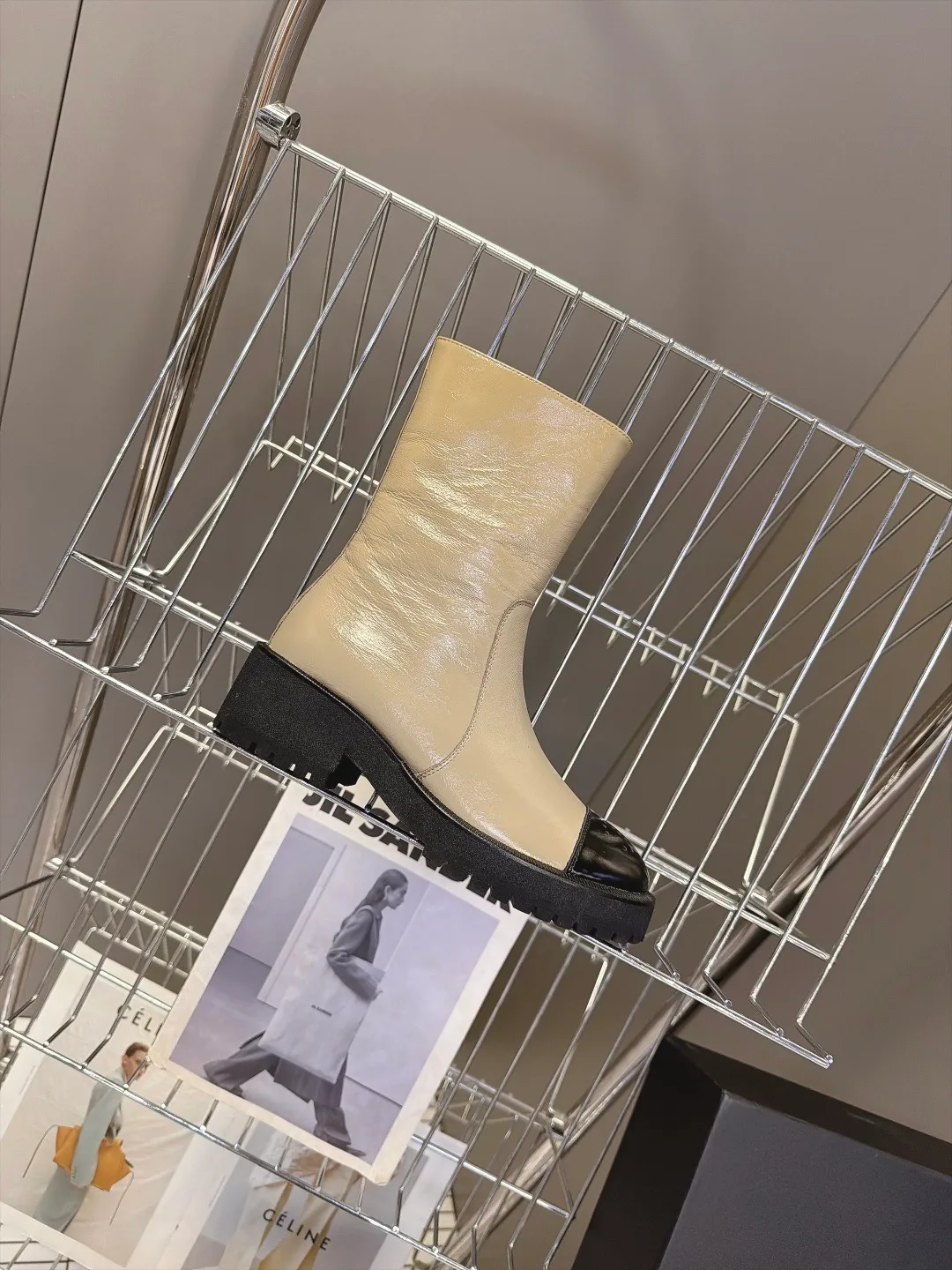 Chanel Cowhide Patent Leather Glossy Round-Toe Ankle Boots in Beige · view 5