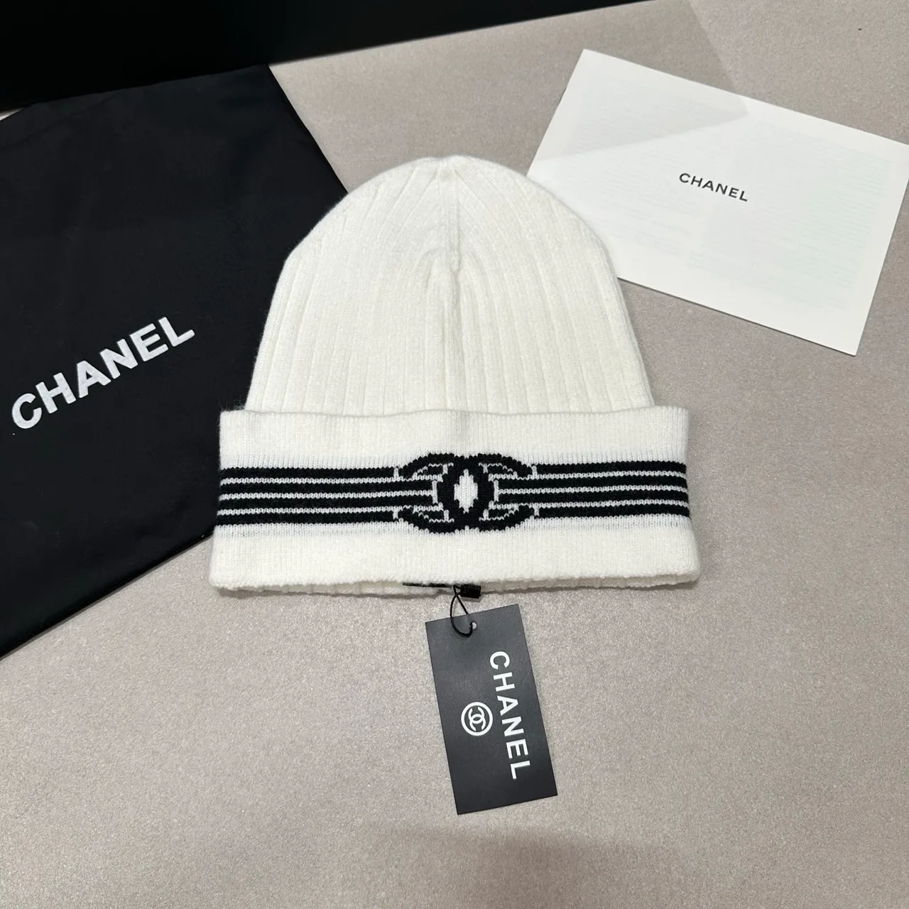 Chanel Striped CC knit beanie in Black & White · view 2