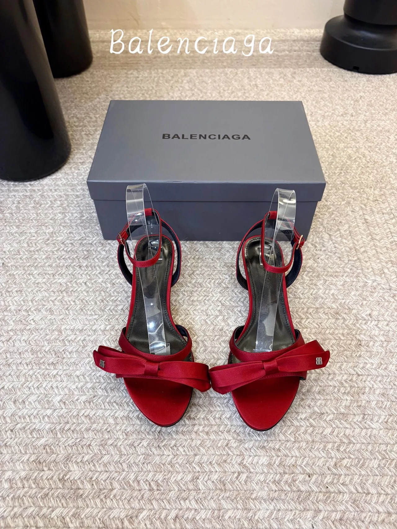 Balenciaga Silk Glossy Bow Ankle Strap Sandals in Red · view 1