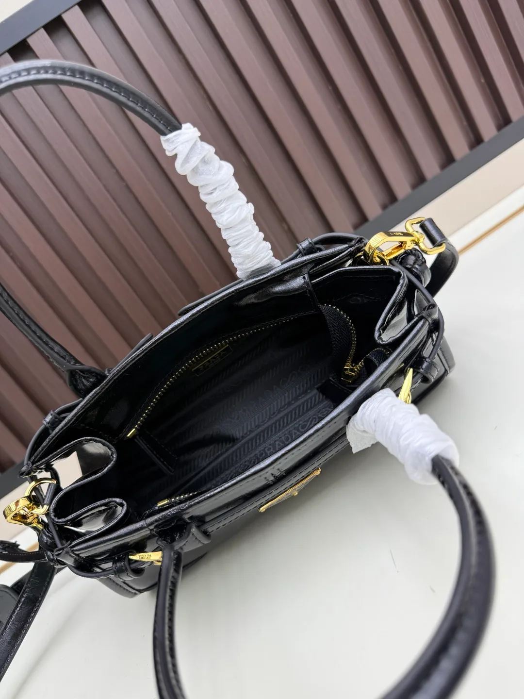 Prada Calfskin Glossy Crossbody Bag in Black · view 7