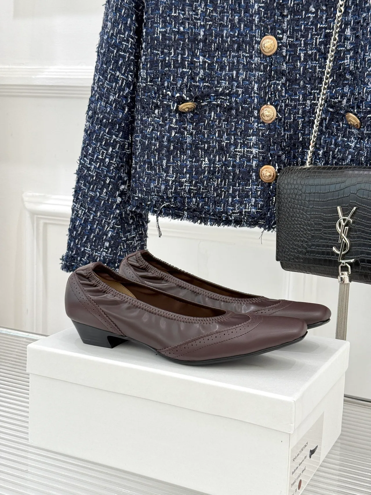 YOEYYOU Lambskin Denim Smooth Square-Toe Pumps in Brown · view 1
