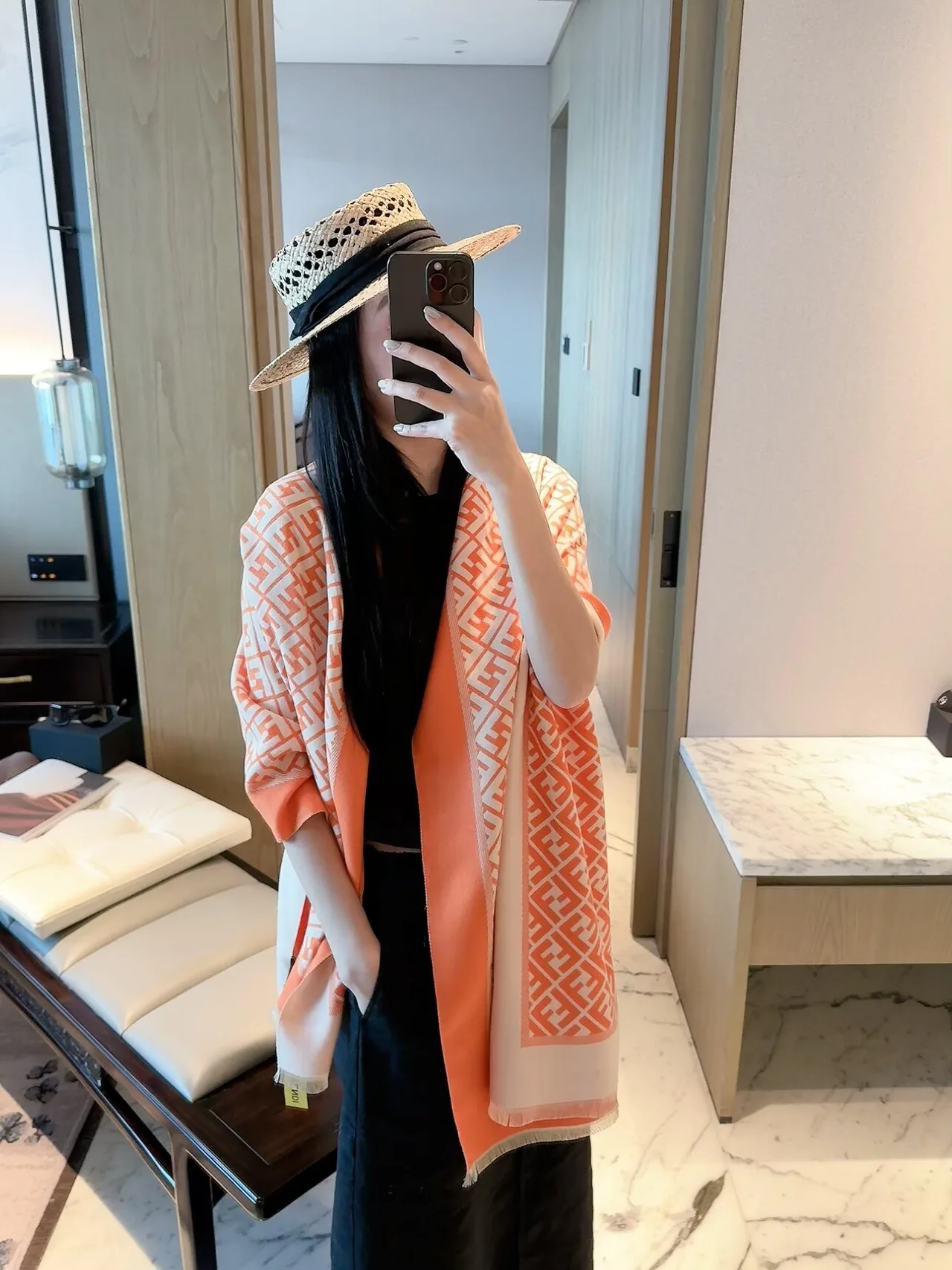 Fendi FF Border Scarf in Orange & Cream & Brown · view 4