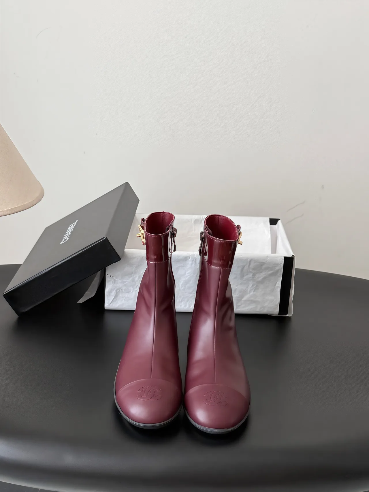Chanel Cowhide Glossy Pointed-Toe Boots in Burgundy · view 1