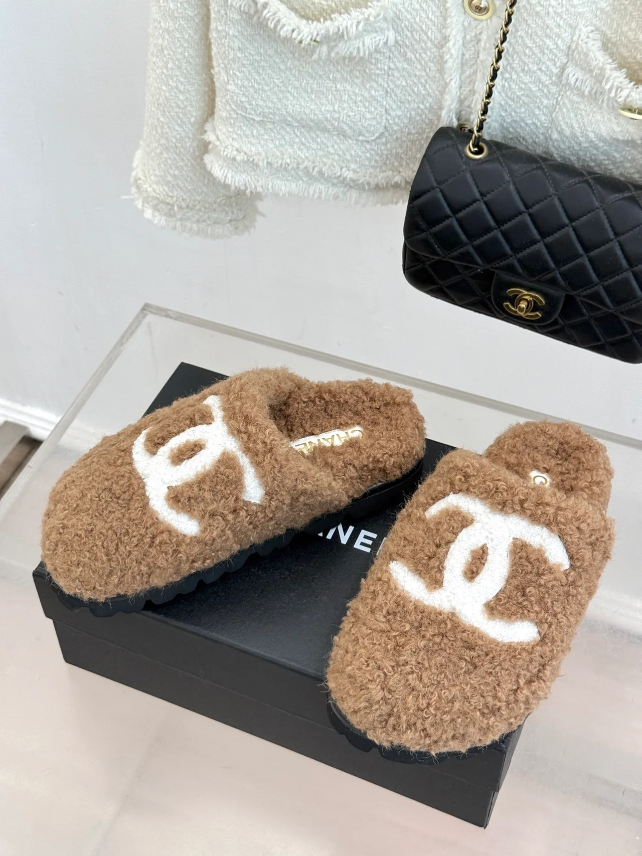 Chanel Denim Slippers in Tan · view 2