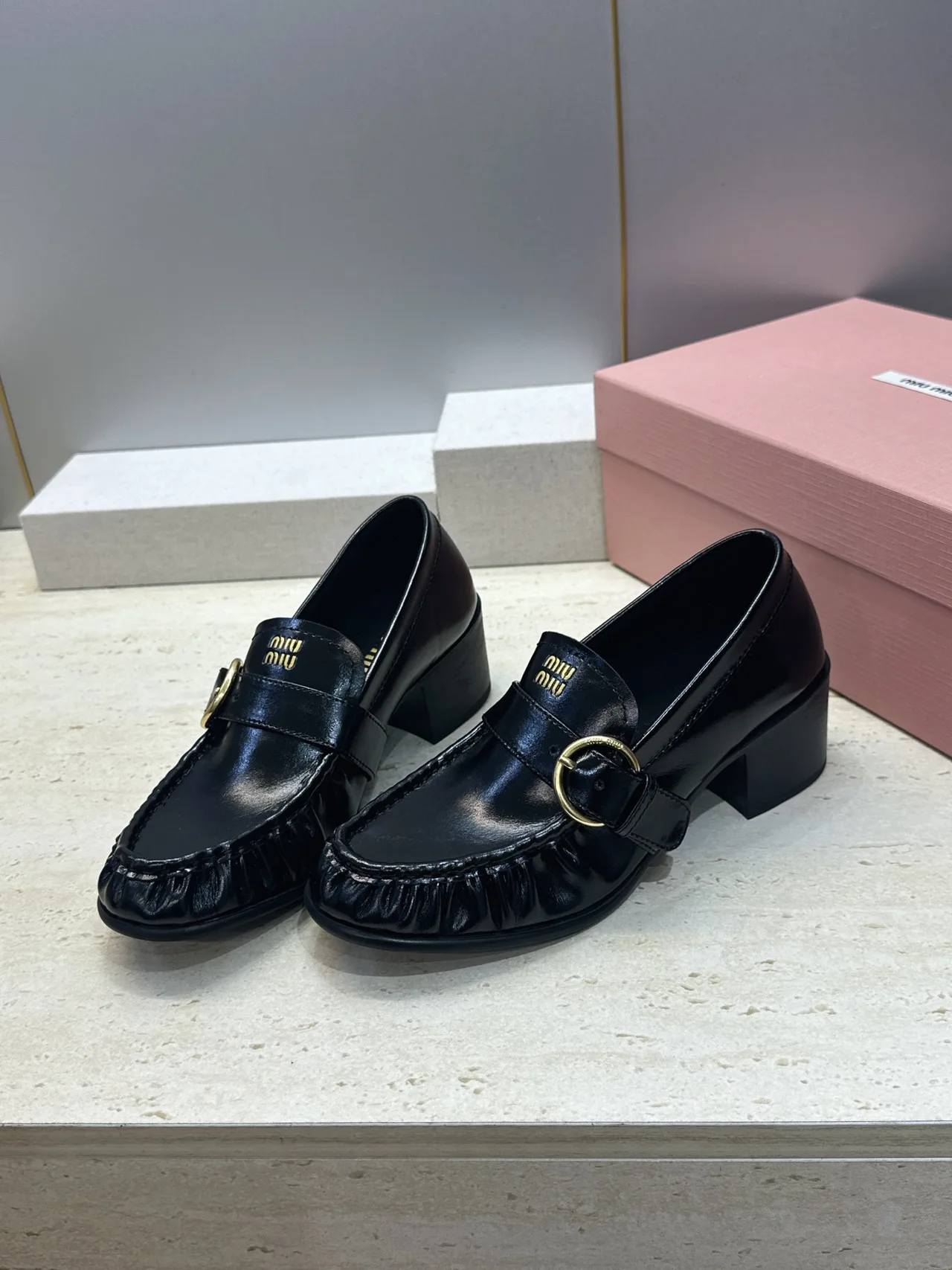 Miu Miu Cowhide Sheepskin Square-Toe Buckle Heeled Loafers in Black · view 3