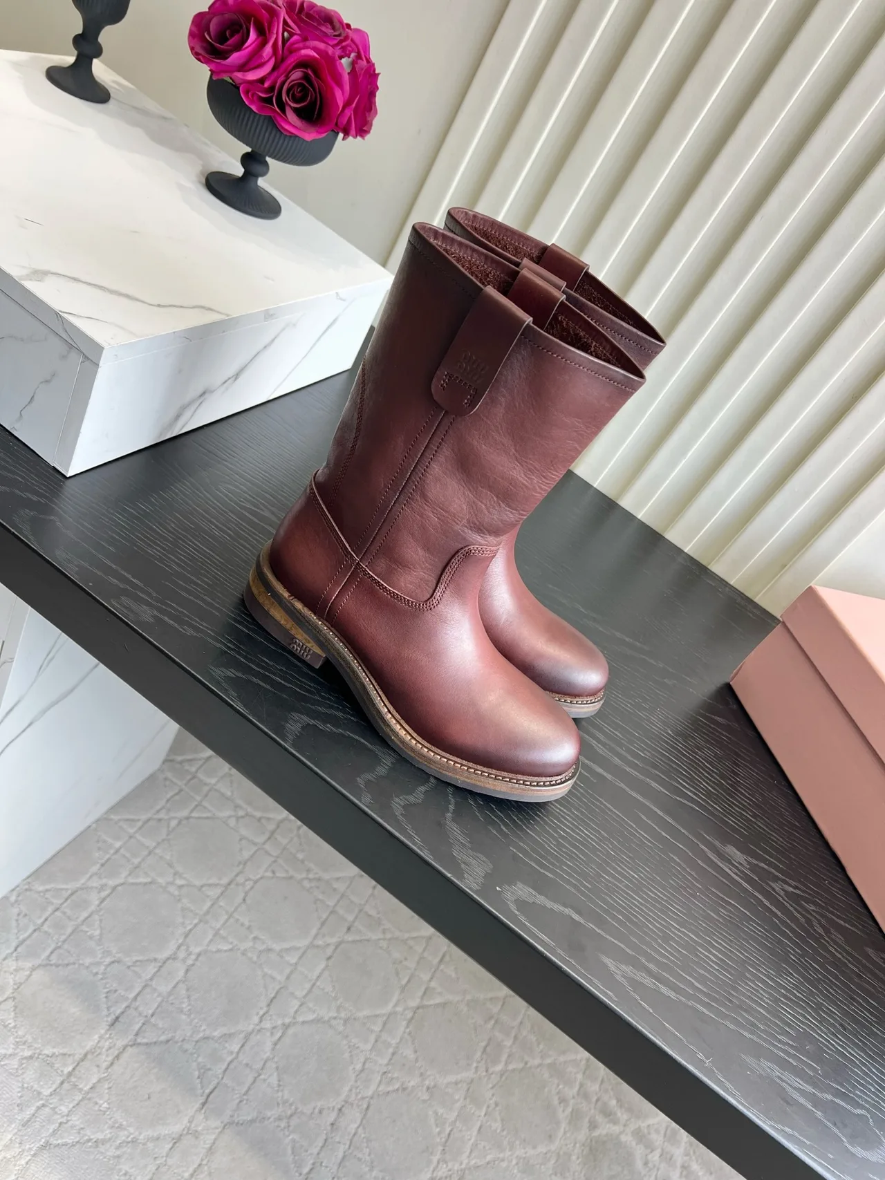 Miu Miu Cowhide Smooth Round-Toe Mid-Calf Boots in Burgundy · view 3