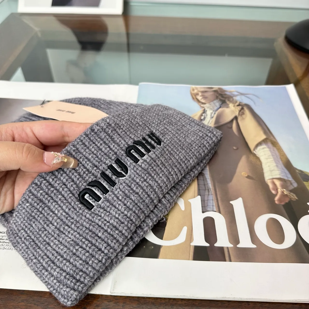 Miu Miu Ribbed Embroidered Beanie in Grey · view 7