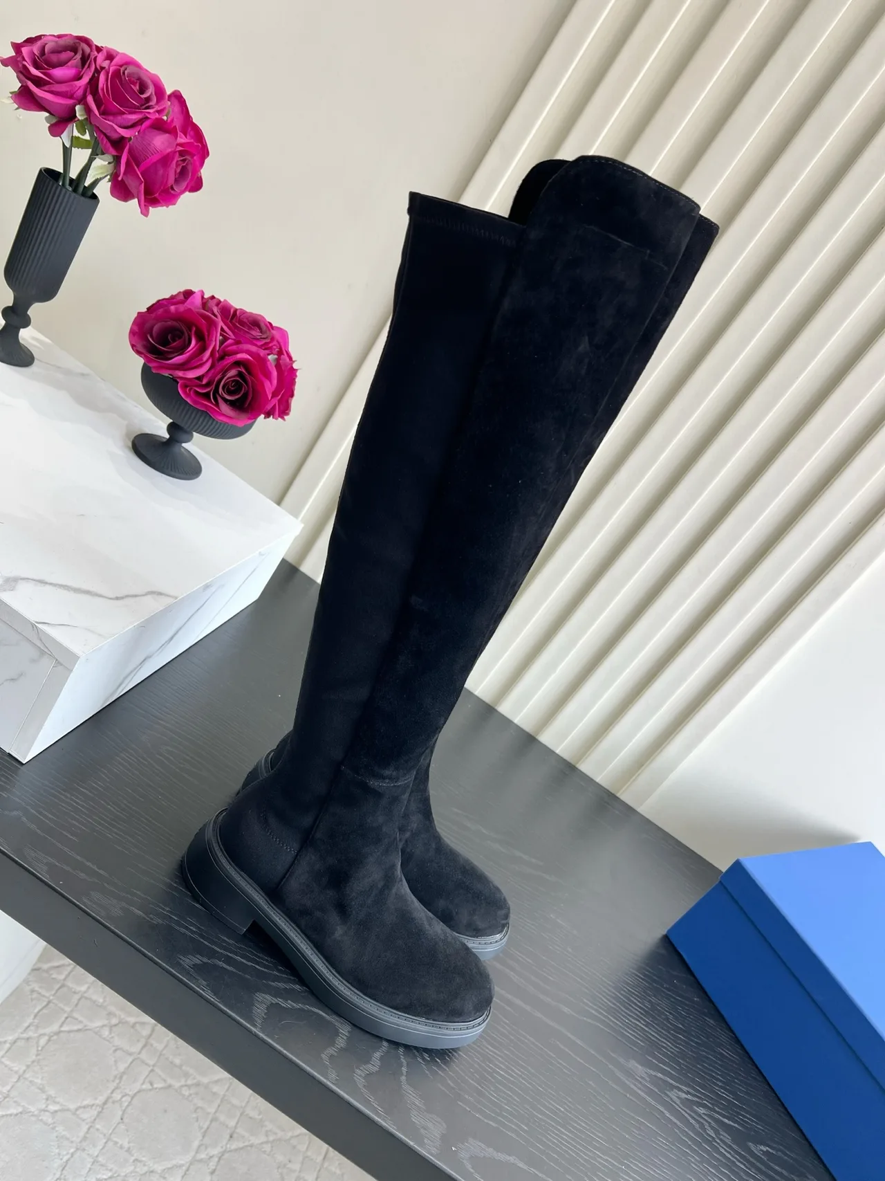 Stuart Weitzman Sheepskin Suede-Look Round-Toe Over-the-Knee Boots in Black · view 4